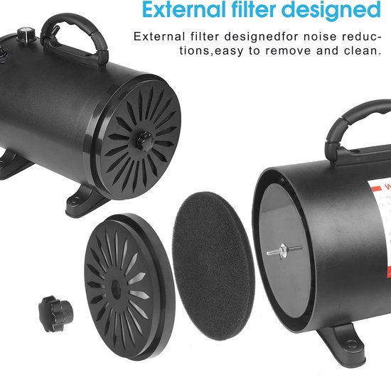 Zwarte hondendroger, buitenzijde filter gedemonteerd voor reiniging.
