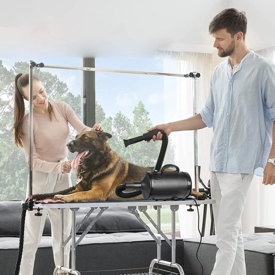 Man en vrouw gebruiken een zwarte waterblazer op een hond op een verzorgingstafel.