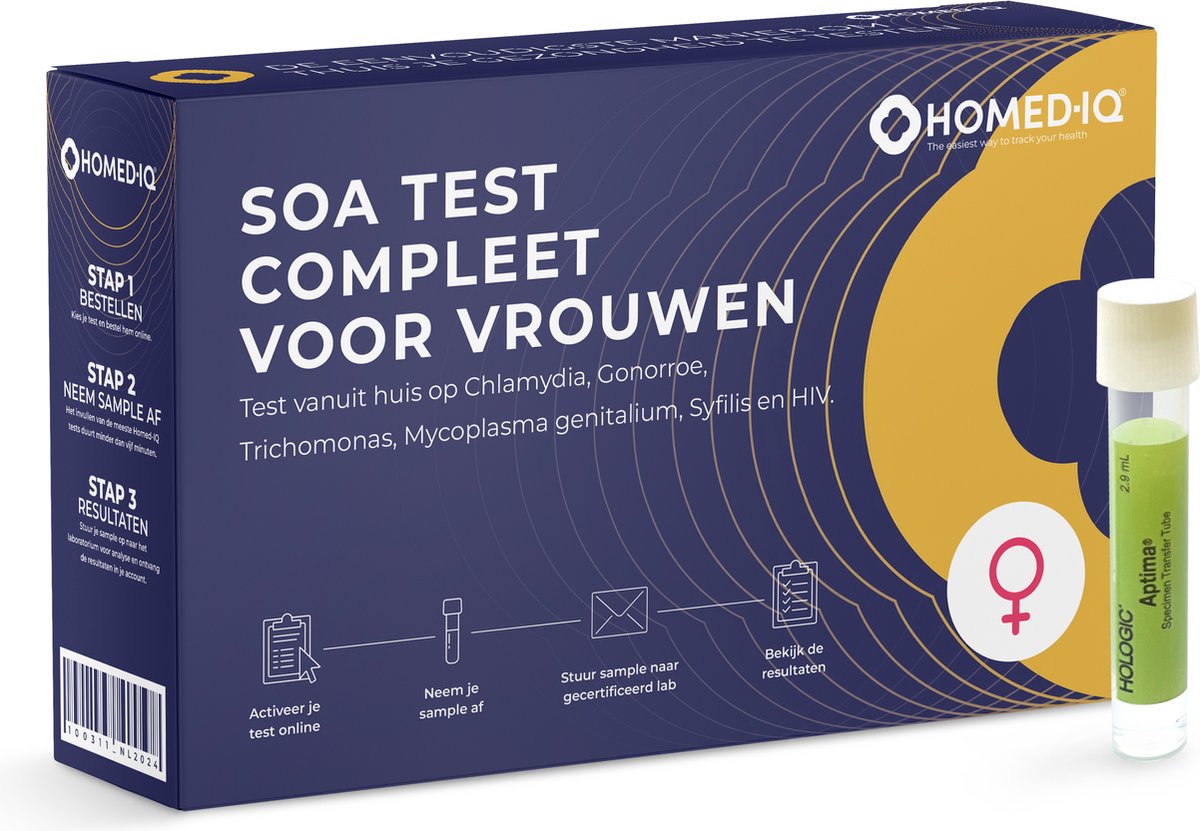 Goedkoopste Homed-IQ - SOA Test voor vrouwen - Test op HIV, Chlamydia, Gonorroe, Trichomonas en Syfilis - Laboratorium Test