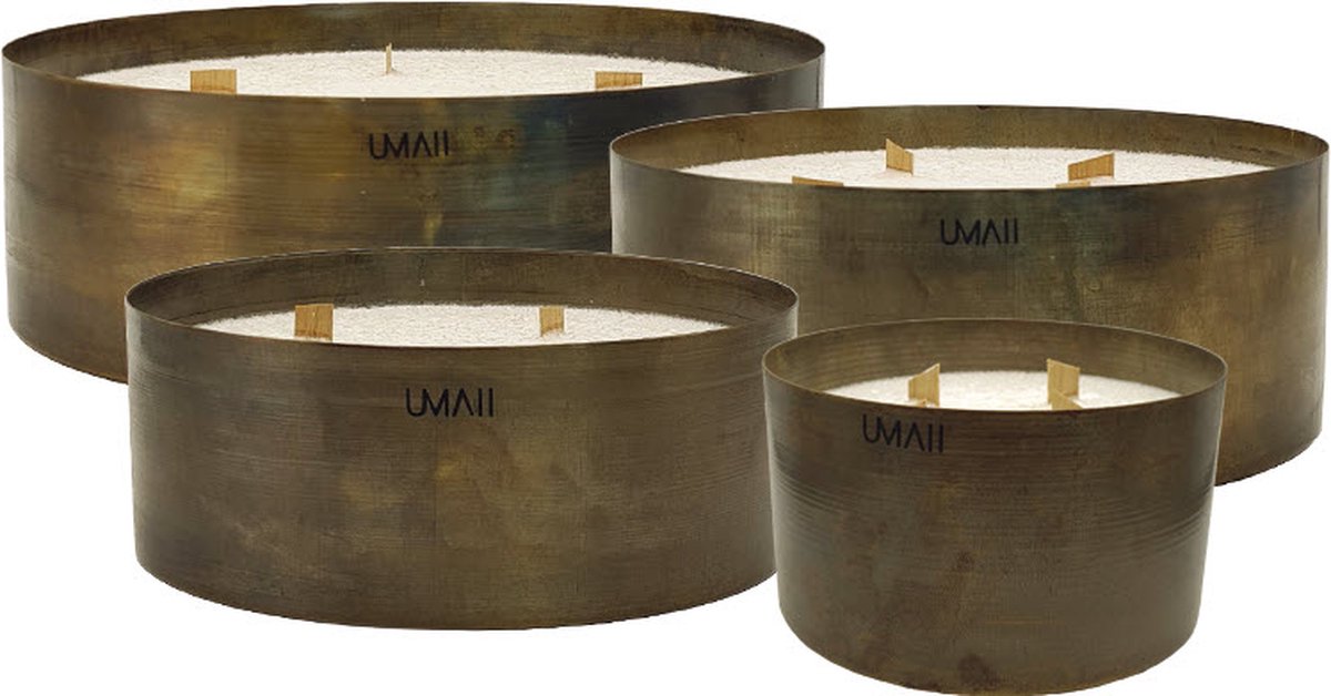 UMAII BILLIE M | Design Kaars | Olijfwas | Houten Wieken | Metalen Bowl