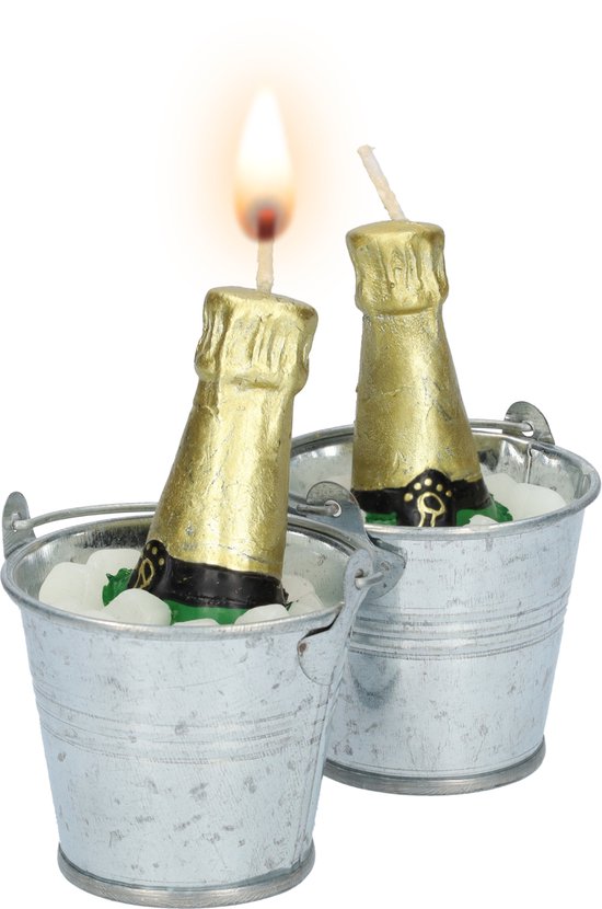 Petites bougies à champagne (2 pièces) - Jolie bougie en forme de bouteille de champagne ! - Avec bougeoirs seau à glace - Environ 7 heures de combustion par bougie - 2 bougies et bougeoirs - Diamètre Ø 60 mm