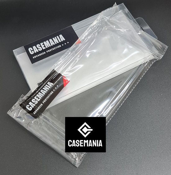 Verpakking van een Casemania telefoonhoes en screenprotectors, met logo en tekst 'Advanced Protection'.