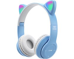 StayPowered Kinderhoofdtelefoon - Perfect voor Muziek en Gaming - LED Kattenoren - Draadloos - Verstelbaar en Opvouwbaar - Zachte Oorkussens - Ingebouwde Microfoon - Geschikt voor Kinderen - Blauw/Wit - Levering Sneller dan Aangegeven!