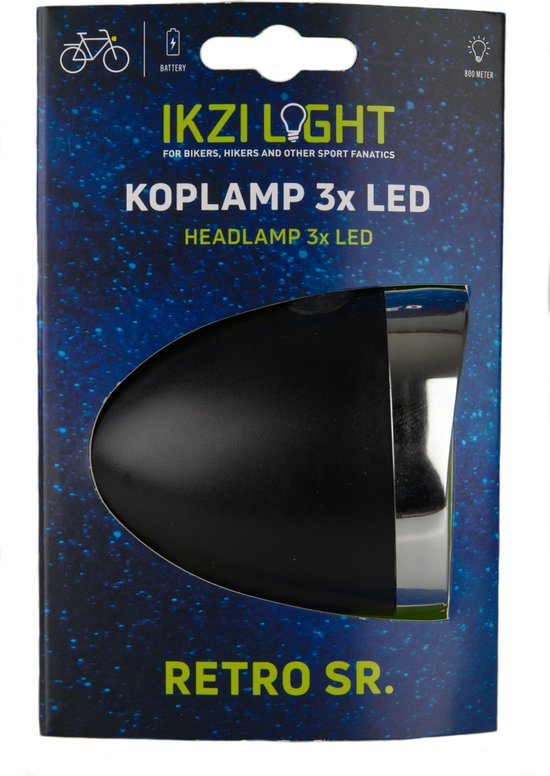Ikzilight Retro koplamp - 3x LED - Zwart - Batterij - Zichtbaar tot 800 meter — afbeelding 2