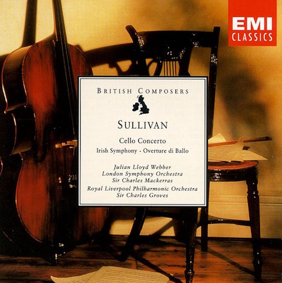 Albumhoes met cello, stoel en bladmuziek. Tittel: British Composers SULLIVAN Cello Concerto.