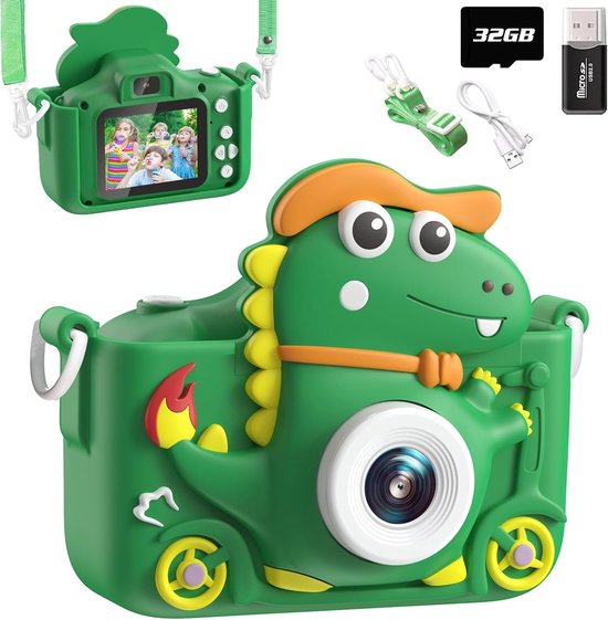 Speelcamera - Digitale Kindercamera - Fototoestel voor Kinderen - Kinder Camera Kinderspeelgoed - Dinosaurus - 2 Inch Display 1080p - Digitale Selfiecamera - met 32 GB - Speelgoed - 3 tot 9 Jaar