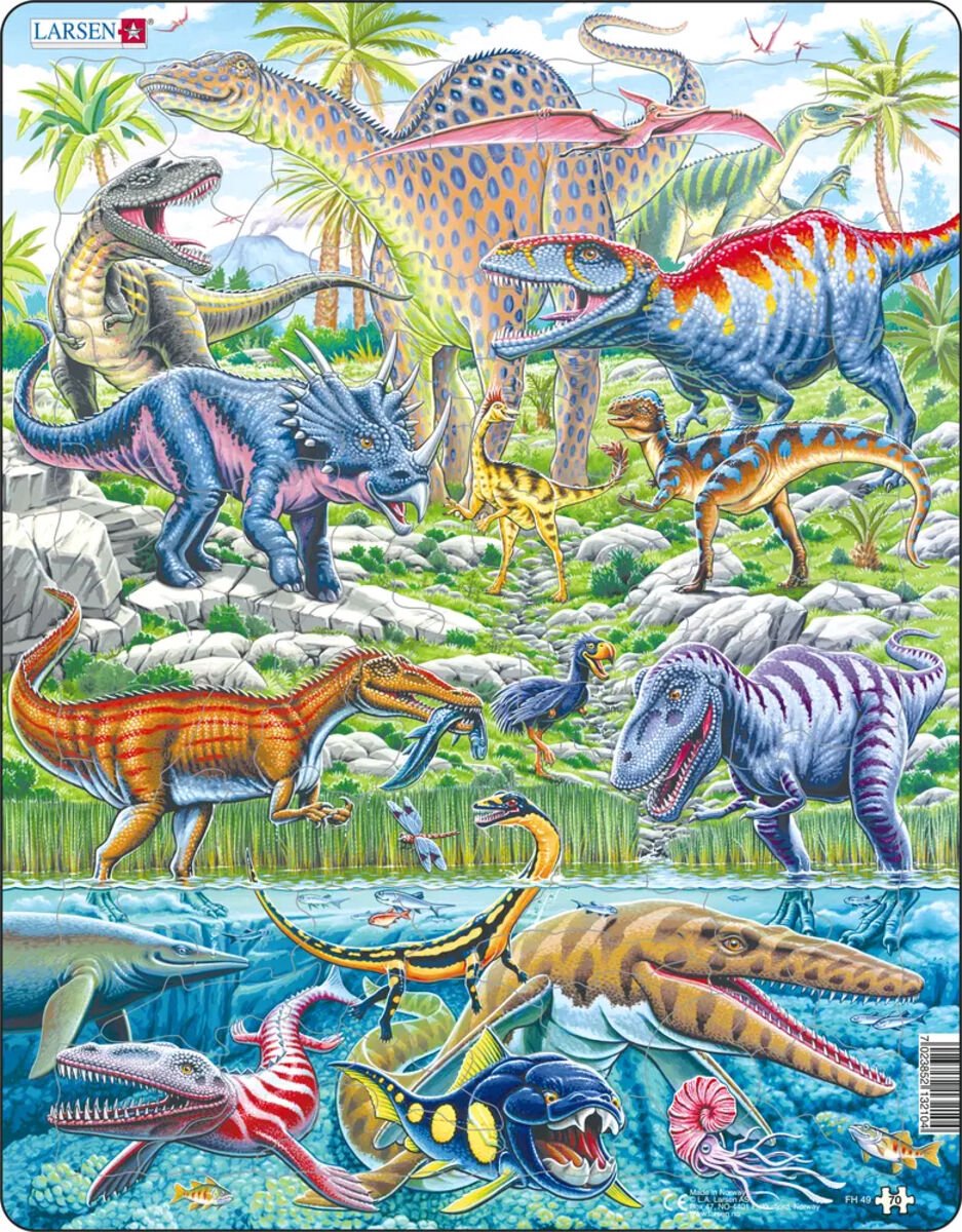 Larsen Dinosauriërs die vliegen, rennen en duiken – Puzzel – Dieren – Prehistorie – Educatieve legpuzzel voor kinderen – 70 stukjes – Gemaakt in Noorwegen – Extra dikke 2,5 mm stukjes – Tray met vaste rand