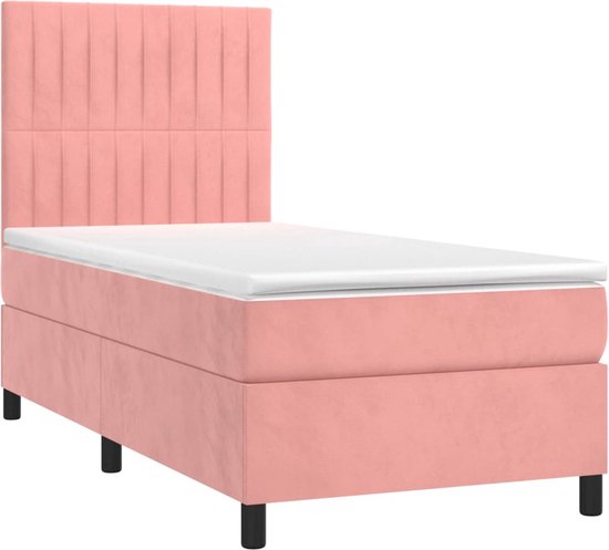 The Living Store Boxspring - Lit en velours rose avec éclairage LED- 203 x 90 x 118/128 cm - Matelas à ressorts ensachés - Surmatelas doux pour la peau - The Living Store
