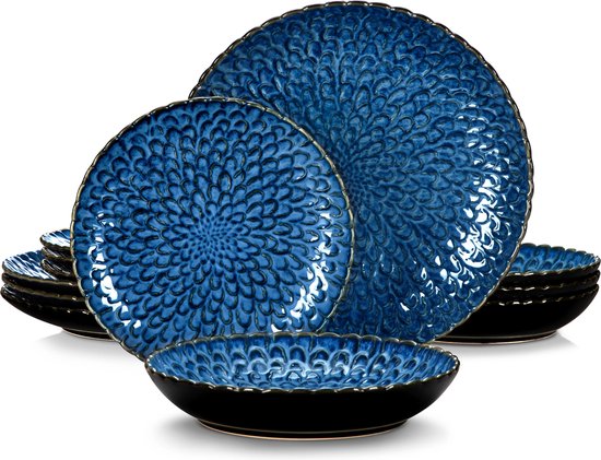 Salt & Pepper Salt & Pepper Serviesset Meridian - Groen/Blauw 16-delig / 4 personen - 4 dinerborden, 4 ontbijtborden, 4 kommen en 4 kopjes