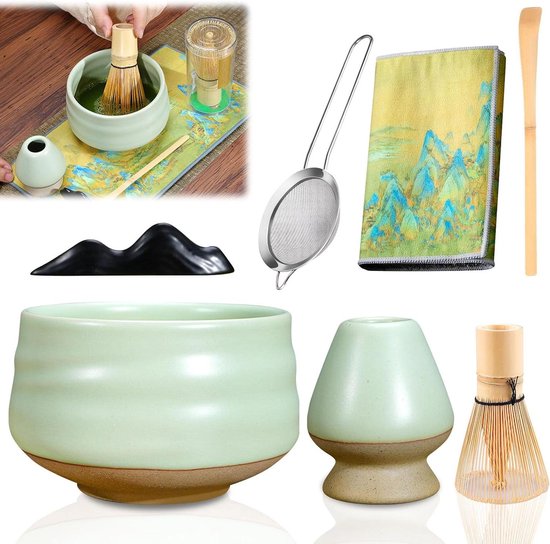 Matcha Set 7 Pezzi Completo - Ciotola, Frusta In Bambù, Colino, Cucchiaio E Strofinaccio - Ceramica E Bambù Naturale