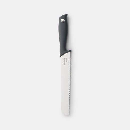 Couteau à pain Brabantia avec manche gris foncé et lame longue, dentelée, blanche sur fond gris.