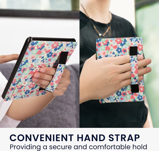 kwmobile e-reader hoesje geschikt voor Kobo Clara 2E hoes - Met polsband en standaard - Kunstleren e reader beschermhoes - bibliotheek design van Merkloos — afbeelding 4