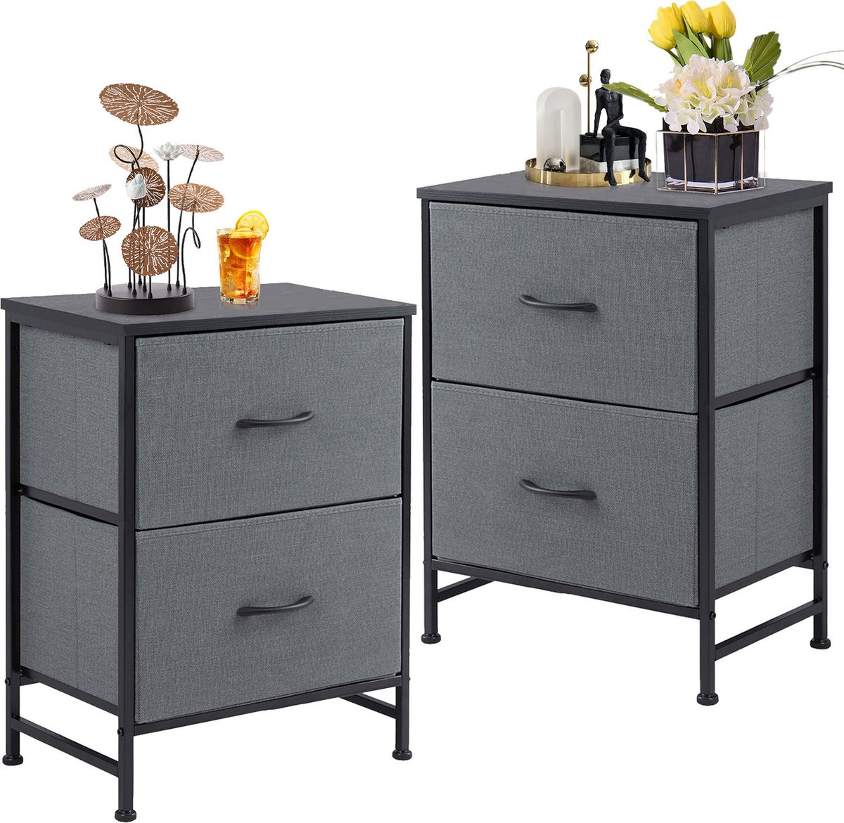 Nachtkastje set van 2 met 2 laden, stoffen commode, verticale opbergruimte, organizer, 50 cm hoog, maximale draagkracht 20 kg, voor slaapkamer, kantoor, wasruimte, hal, kinderkamer.-Grijs