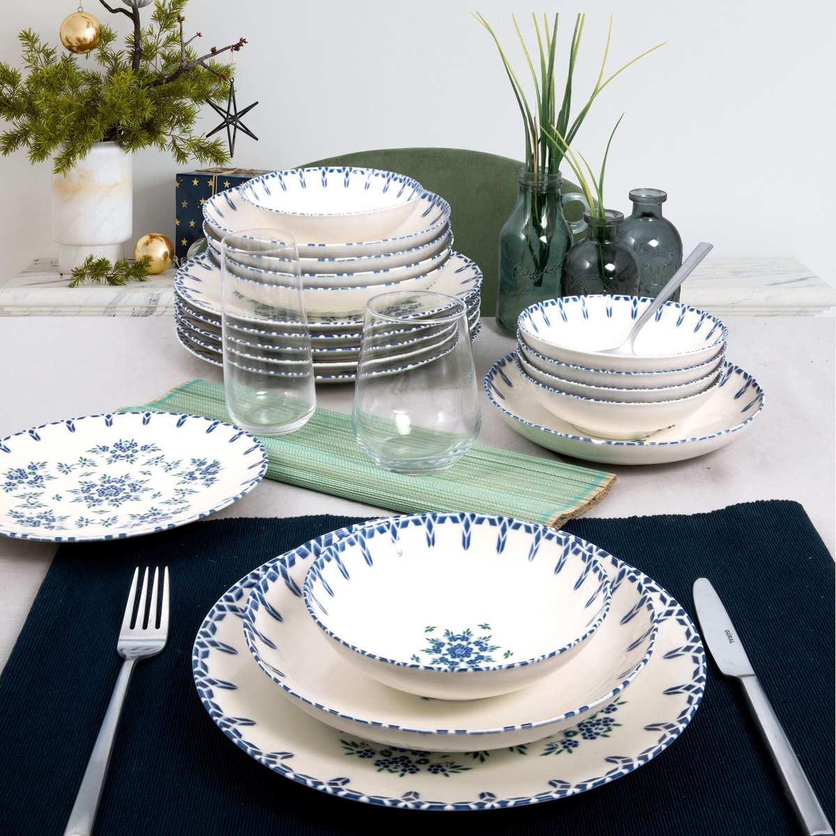 Asir - Diner Set - 24 stuks - wit & blauw - porselein