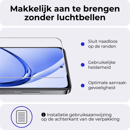 Transparante displaybeschermer op een telefoon, met teksten over eenvoudige installatie zonder luchtbellen.
