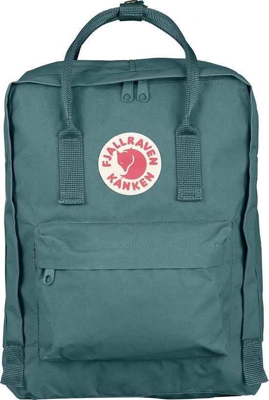 Turquoise Kånken rugzak met rond logo op de voorkant.