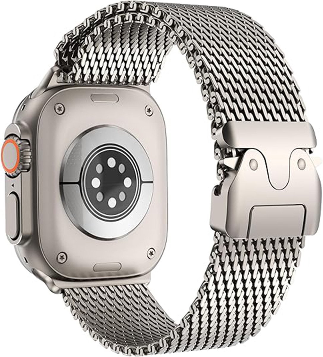 Stravo Titanium Luxury RVS Milanese bandje – Geschikt voor Apple Watch 46mm (Series 10/11), 45mm (Series 7/8/9), 44mm (Series 4/5/6, SE 1/2/3), 42mm (Series 1/2/3), 49mm (Ultra 1/2/3) – Verstelbare Mesh Milanees Horlogebandje met parachutegesp