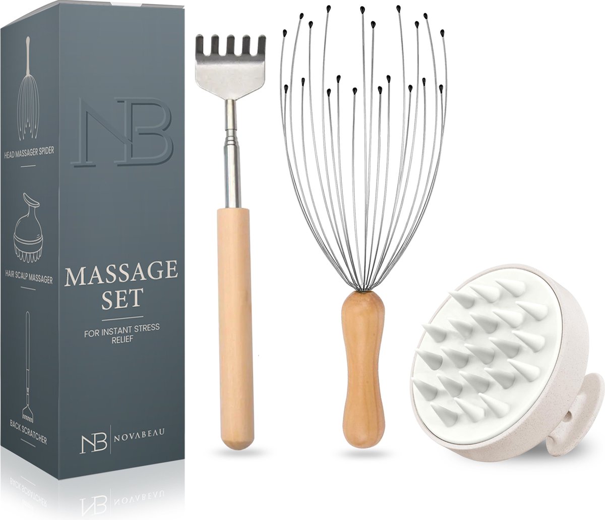 Goedkoopste Novabeau 3-Delig Massage Set – Ruggenkrabber Uitschuifbaar, Hoofdmassage Spin & Hoofdhuid Massage Borstel – Scalp Massager – Duurzame Siliconen Haarborstel – Ergonomische Shampoo Brush voor Anti Roos - Kerst Cadeau