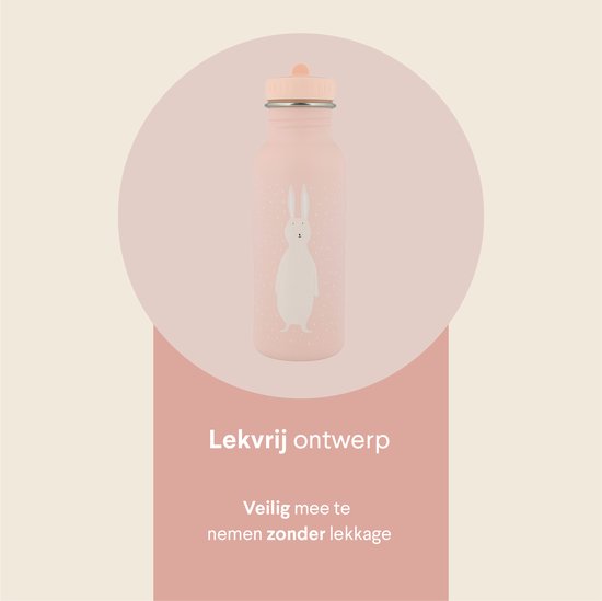 Roze RVS drinkfles met konijnenprint, met de tekst 'Lekvrij ontwerp'.