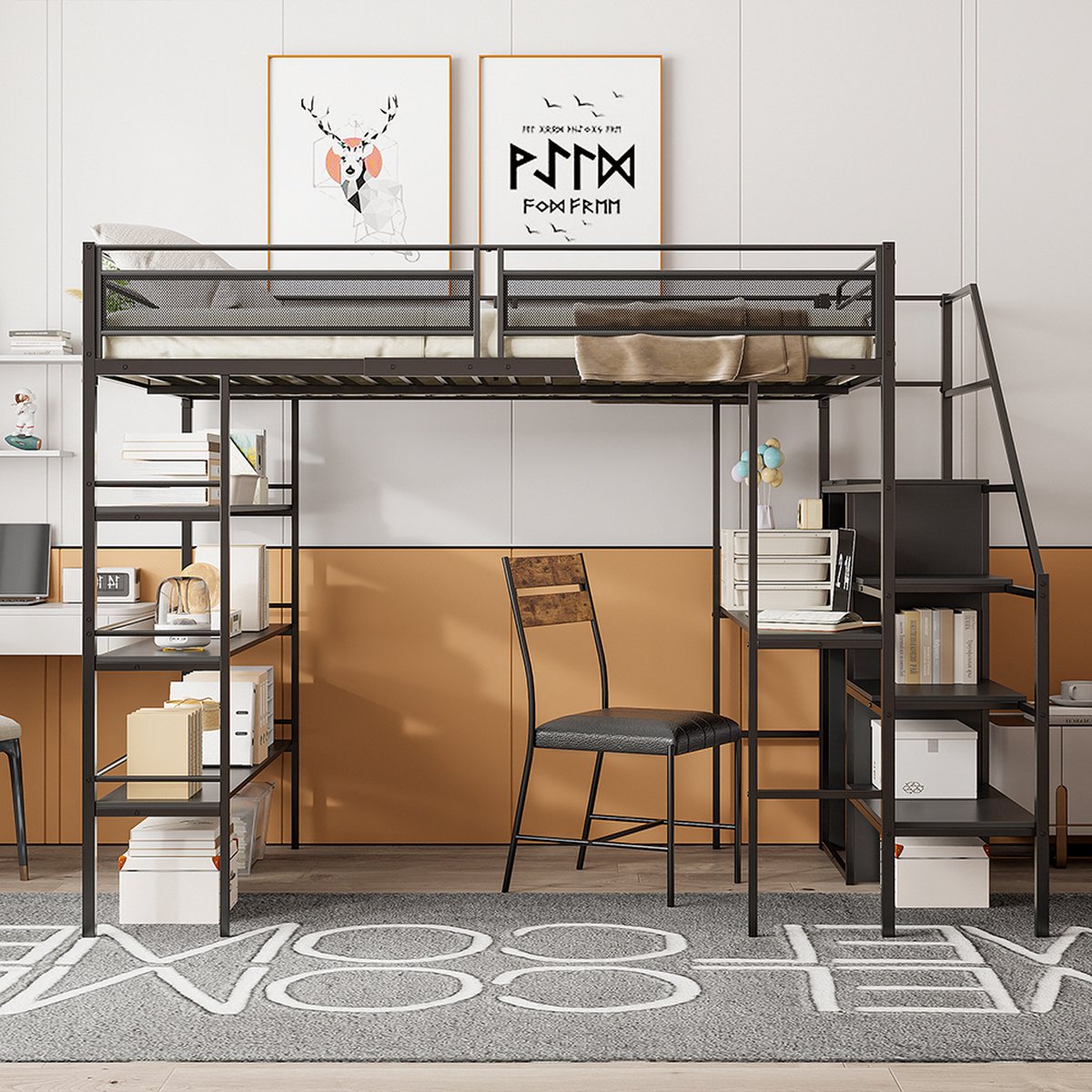KOMHTOM Kinderbed Hoogslaper bed 140 x 200 cm met drielaagse plank bureau kledingkast veil