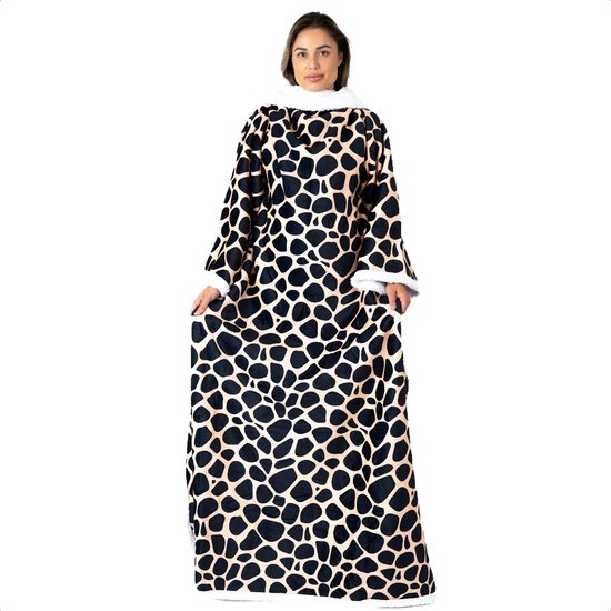 Fleece Deken met Mouwen - Hoodie Deken - Hoodie Blanket - Huggle Hoodie - Snuggle Hoodie - Dekens - Plaid met Mouwen - TV Deken - Giraffe Print - Dames en Heren - Volwassenen - 180x130 cm - Noodpakket - Kerstcadeau - Snuggie Moment
