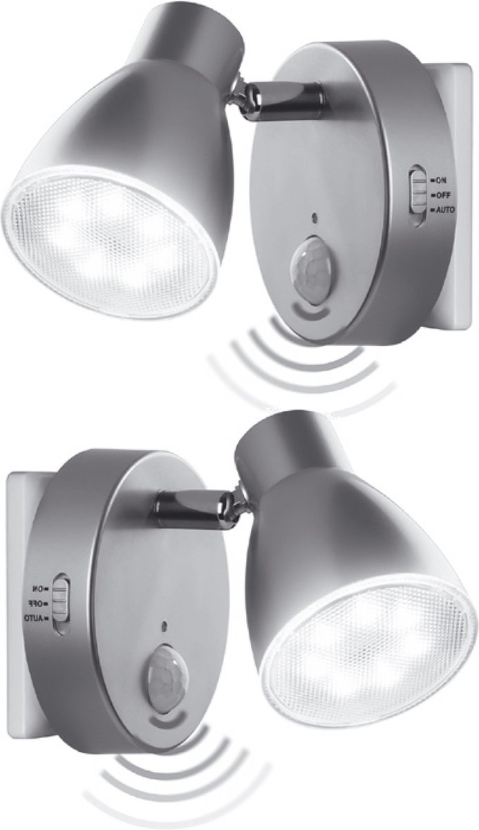 Trango Set van 2 2635-024 LED-sensor nachtlampje * MILO * met bewegingssensor en automatische functie in zilver veiligheidslicht 230V socket lamp, wandlamp, oriëntatielicht, nachtlamp, socket licht