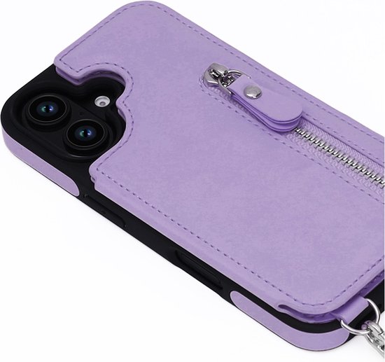CaseBoutique Étui arrière pour iPhone 16 Plus – Lilas uni – Simili cuir – avec cordon bandoulière, porte-cartes et poche zippée