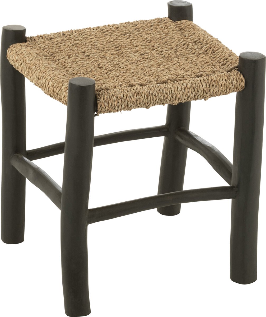 J-Line poef Vierkant Teak - hout/zeegras - zwart/naturel