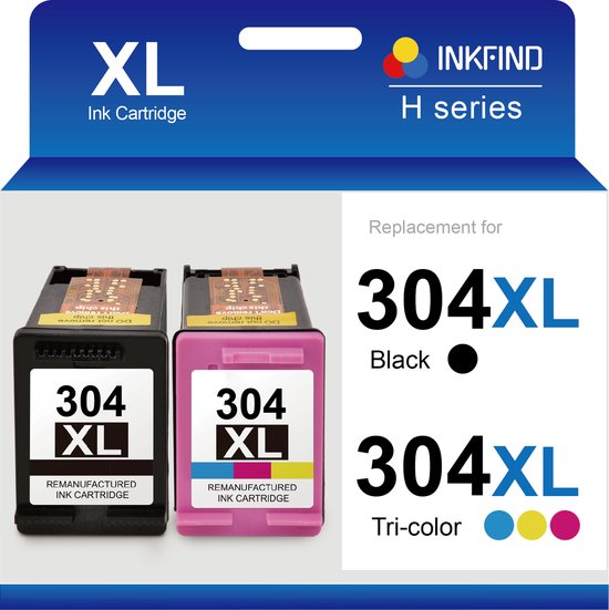 XL Inktcartridge set van INKFIND, vervanging voor 304XL. Bevat een zwarte en een driekleuren cartridge.