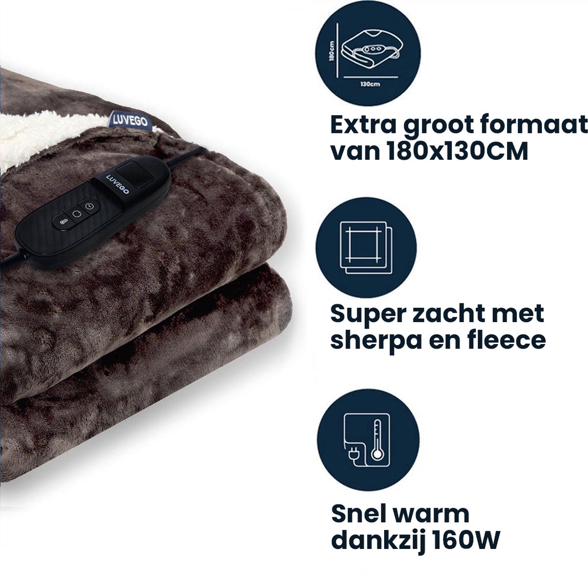 Afbeelding 2 van Luvego Elektrische Bovendeken Warmtedeken XL met Fleece/Sherpa | 1 Persoons Omslagdeken | Plaid 180x130 CM | 3.5 Meter Kabel | 160W | Bruin