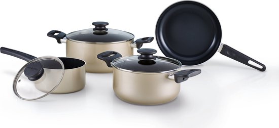 Brabantia START 2 COOK Pannenset - 4 (7)delig - Healthy Cooking - Geschikt voor Inductie - Keramische anti aanbaklaag - 100% PFAS vrij - Complete Set voor de beginner - Beige