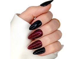SD Press on Nails - B-185 - Plaknagels met nagellijm - Kort Stiletto - Kunstnagels - Zwart Rode Glans - Set 20 Kunstnagels handgemaakt van gellak - Nageltips - Stiletto Nagels - Accessoires - Gelnagels - Nepnagels - Nail Art - Handmade