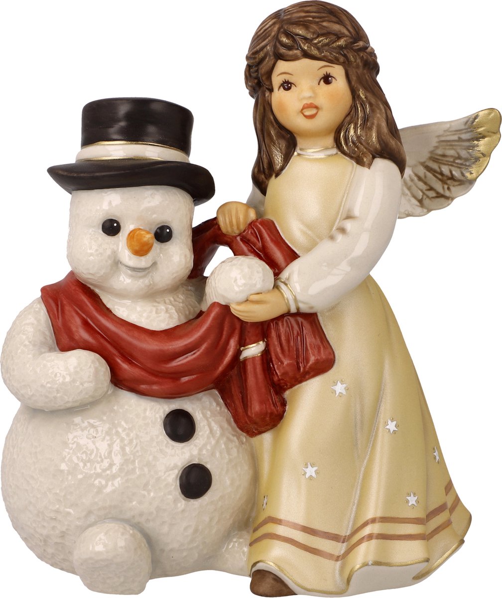 Goebel - Kerst | Decoratief beeld Sneeuwpop met Engel Gezellige winteravond | Aardewerk - 14cm