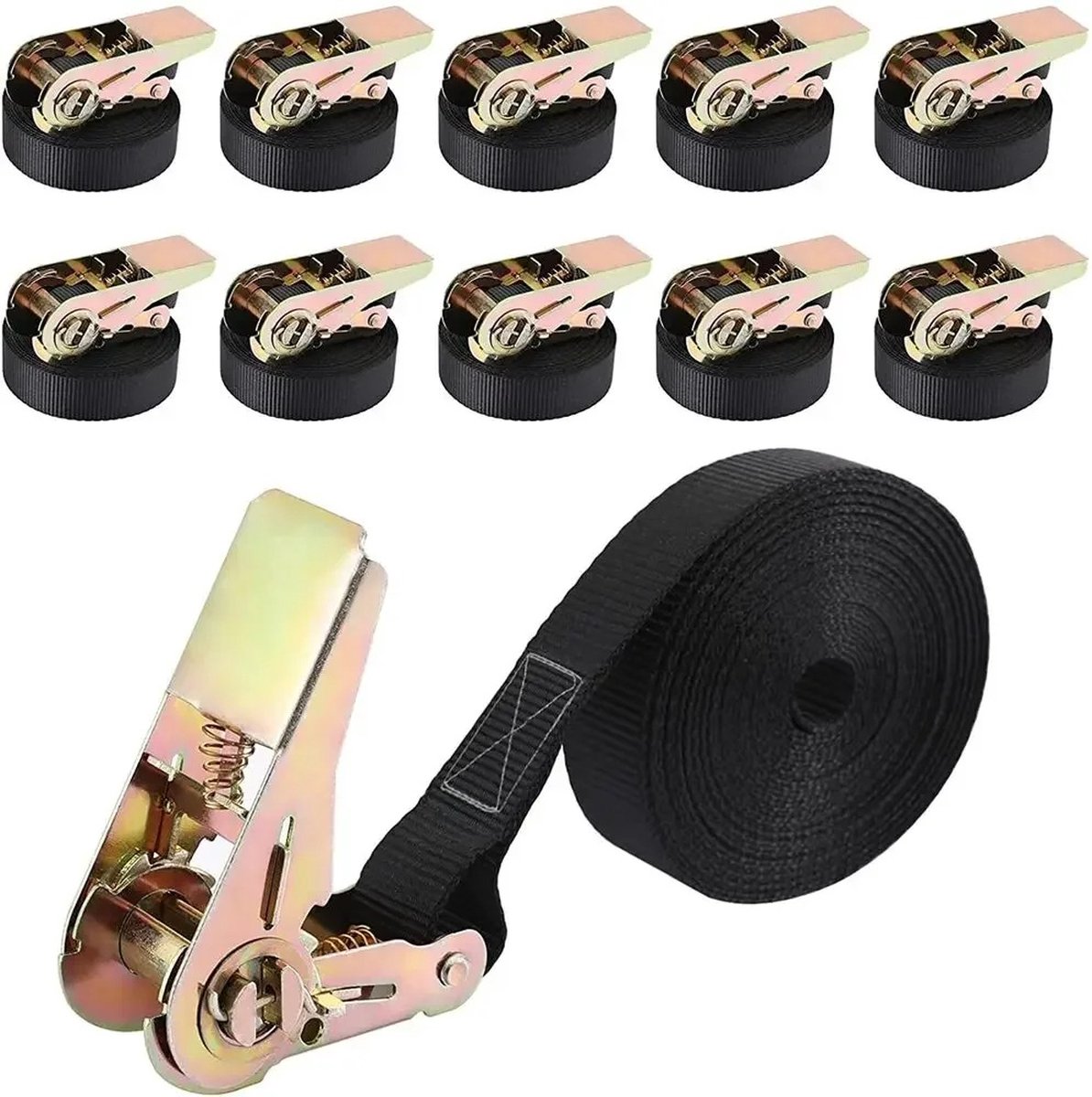 FIBILA Spanbanden - Spanbanden met Ratel - Spandband - 6M Lang - 10 Stuks - 100% Polyester - Zwart