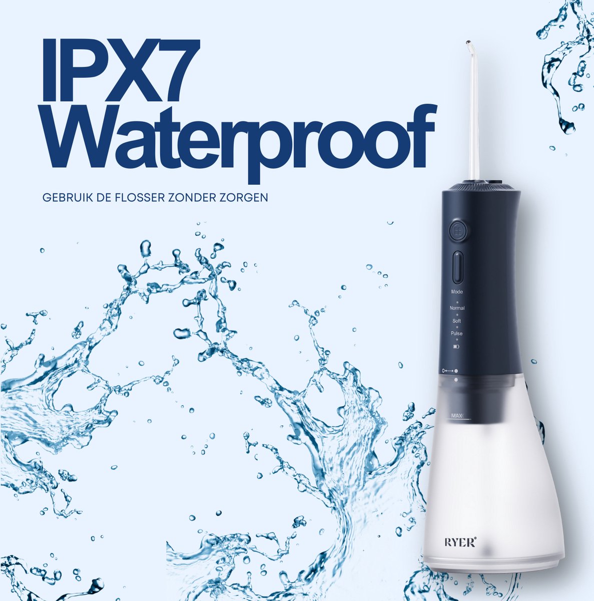 RYER Waterflosser - Draadloos - IPX7 - 320 ml Tank - 3 Standen (Normaal/Zacht/Pulse) - 4 360° Opzetstukken - 2-min Timer & Geheugenfuncties thumbnail 5