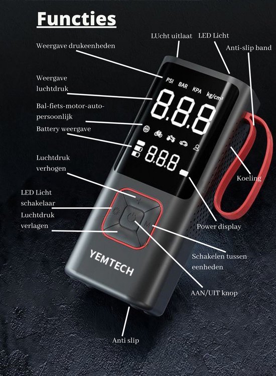Yemtech® Elektrische Fietspomp - Elektrische Autobanden pomp - Luchtcompressor 6000 mAh - Powerbank - USB-C — afbeelding 3