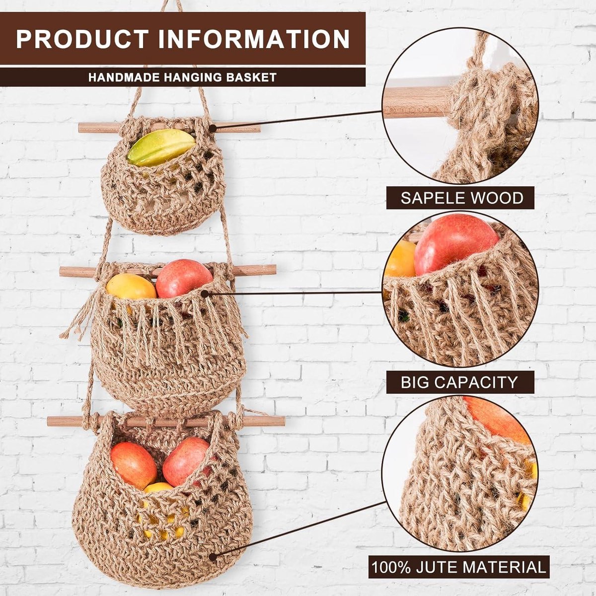 Panier Mural Osier Tbest Panier Suspendu Panier De Rangement En Bois Tissé à La Main, Panier Mural Suspendu Panier Fruit