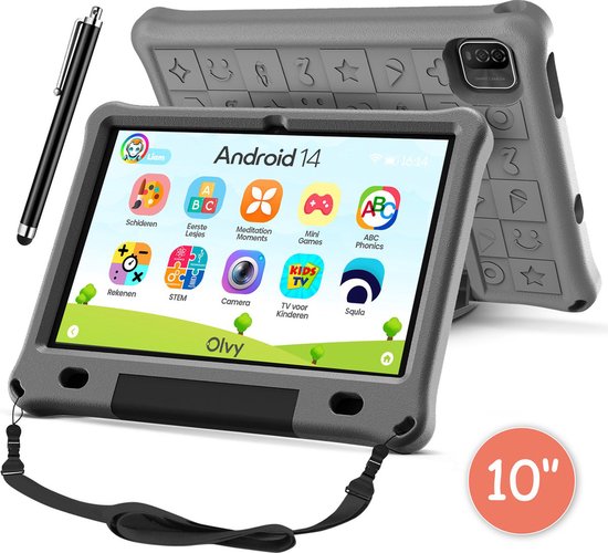 Olvy Kindertablet PRO - 6000 mAh - Vanaf 3 Jaar - Android 14 - 128GB - 4GB+4GB RAM - Ouder Control App - 10 Inch - Tablet - Tablet Kinderen & Volwassenen - Stevige Beschermhoes - 100% Kidsproof