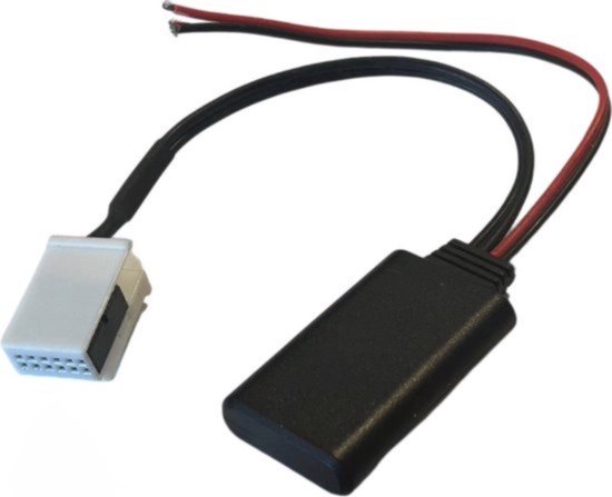 Adaptateur Bluetooth noir avec connecteur blanc 12 broches et fils rouge et noir.