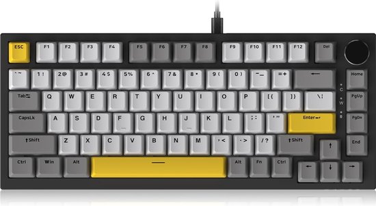 Ajazz AK820 - 75% Bedraad RGB Gaming Toetsenbord - Mechanisch - Gasket - Hot Swap - Volumeknop - QWERTY Toetsenborden- 82 Keys - Maanlicht geel