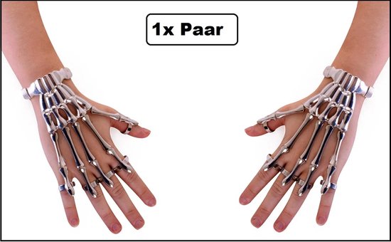 Paar Skelet vingers armband zilverkleurig ringen - Themafeest Halloween horror creepy skelet griezel fun Day of dead