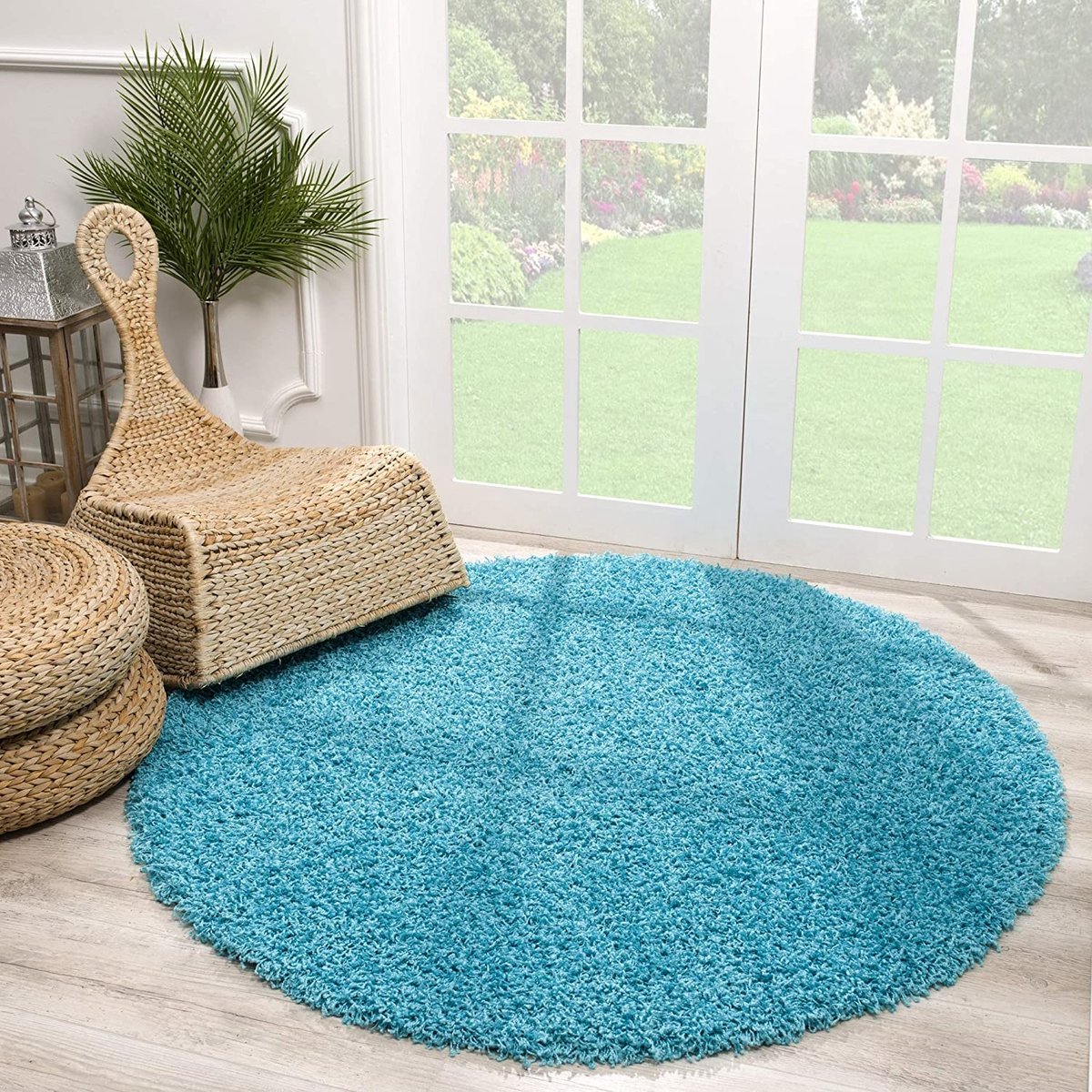 Muratap Rond Loca Shaggy Vloerkleed – Modern Uni Effen – Turquoise Blauw Hoogpolig & Zacht- 240 CM Ø
