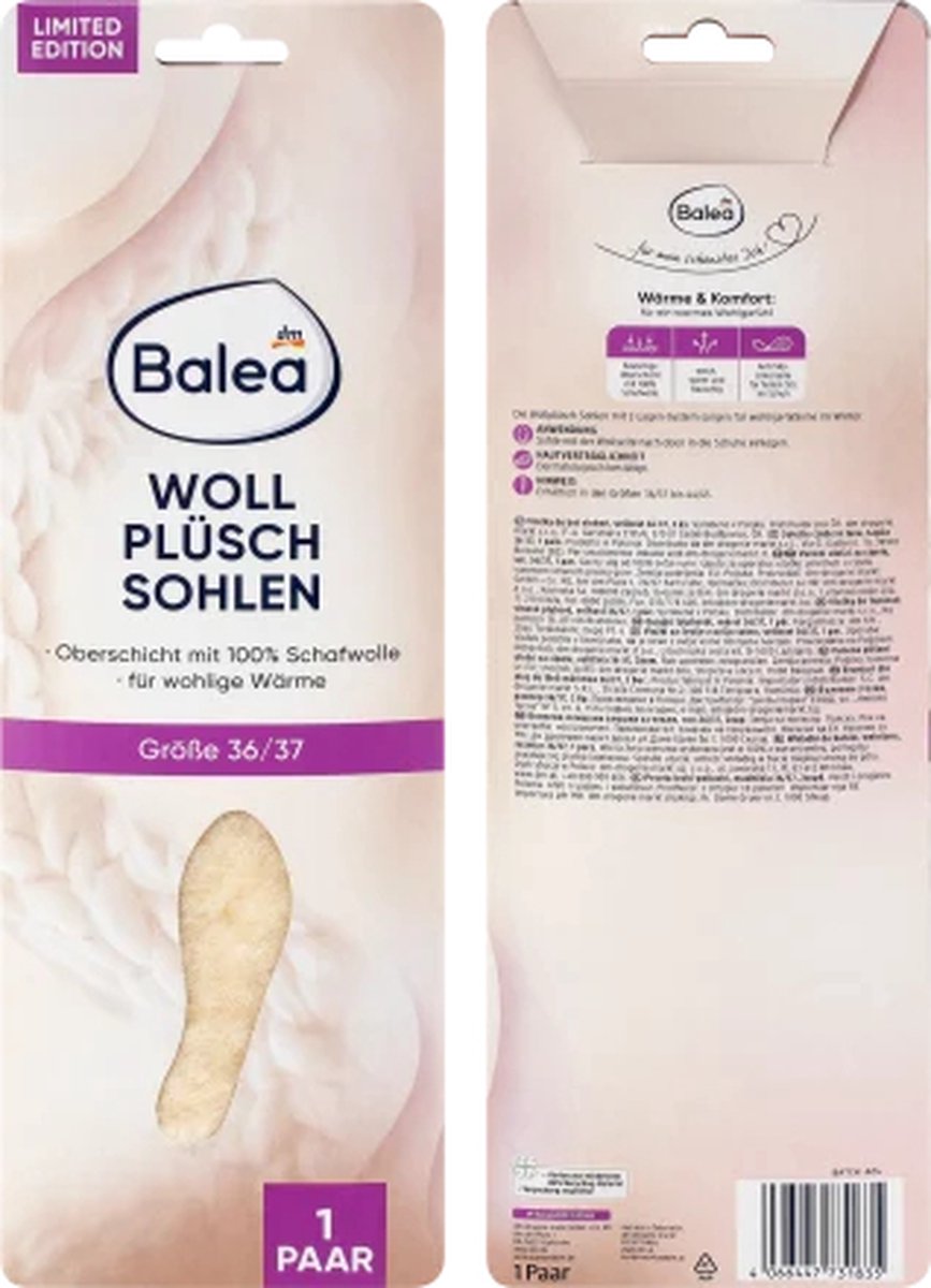 Balea Wol Pluche Inlegzolen - Maat 36/37 - 1 paar Wollen-inlegzooltjes | 100% Schapenwol - Warm en Comfortabel