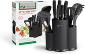 Bol.com Magnani Keukenmessen en Keukengerei Set - 11-Delige Set in Standaard - RVS Messenset - Zwarte Keukengereihouder - Messen... aanbieding