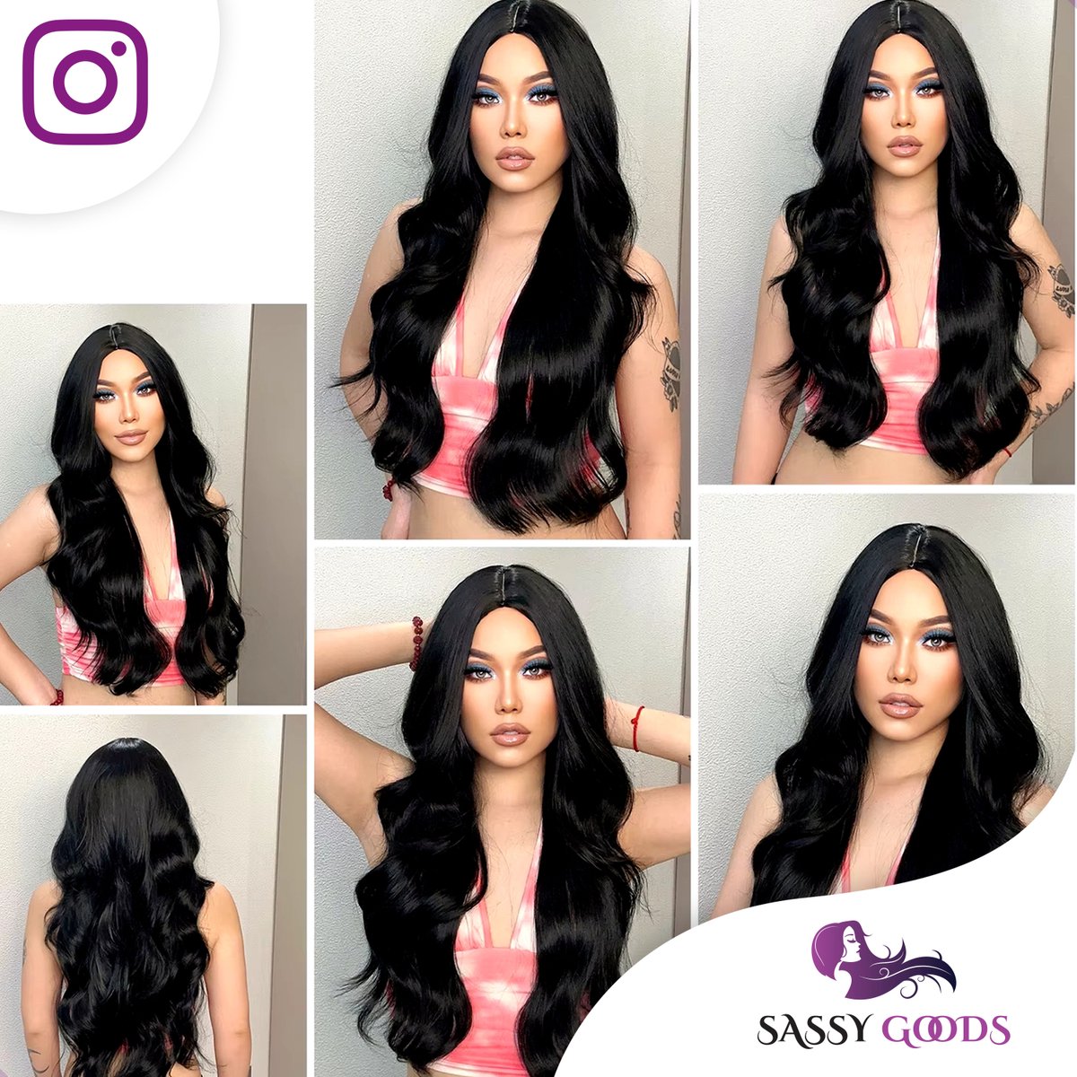 SassyGoods Zwarte Pruik - Pruiken Dames Lang Haar - Wig - Golvend Haar - Haren Vrouwen - Verstelbaar - Wasbaar - Zwart — afbeelding 6