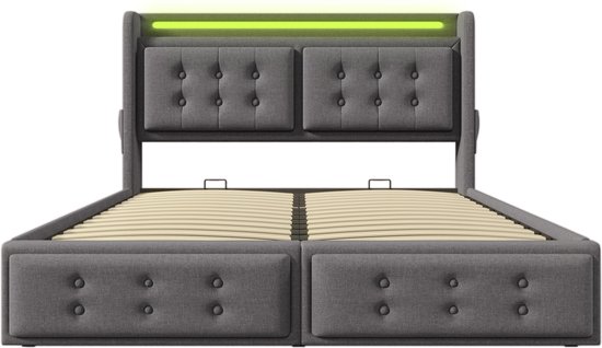 Lit double Merax 160x200 cm avec tête de lit LED et fonction de charge USB-C - Lit hydraulique avec sommier à lattes et espace de rangement - Matelas inclus - Grijs