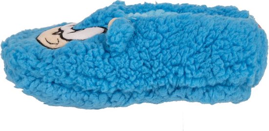 Blauwe, pluizige pantoffel met Sonic the Hedgehog-gezicht aan de zijkant.