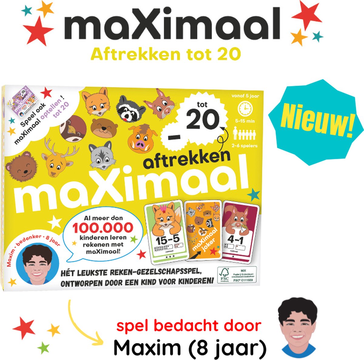 maXimaal voordeelset 4 spellen: Optellen tot 20 + Aftrekken tot 20 + Maaltafels + Deeltafels | Kaartspel | Bedenker: Maxim (8 jaar) | Optellen, aftrekken tot 20, maaltafels, deeltafels, rekenen wordt kinderspel | Meng & speel met alle spellen! — afbeelding 16