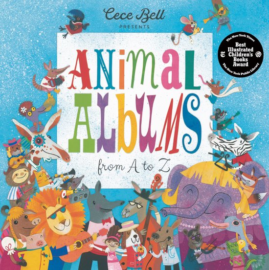 Boek 'Animal Albums from A to Z' door Cece Bell met kleurrijke illustraties van dieren die muziek maken. De tekst is in blokletters.