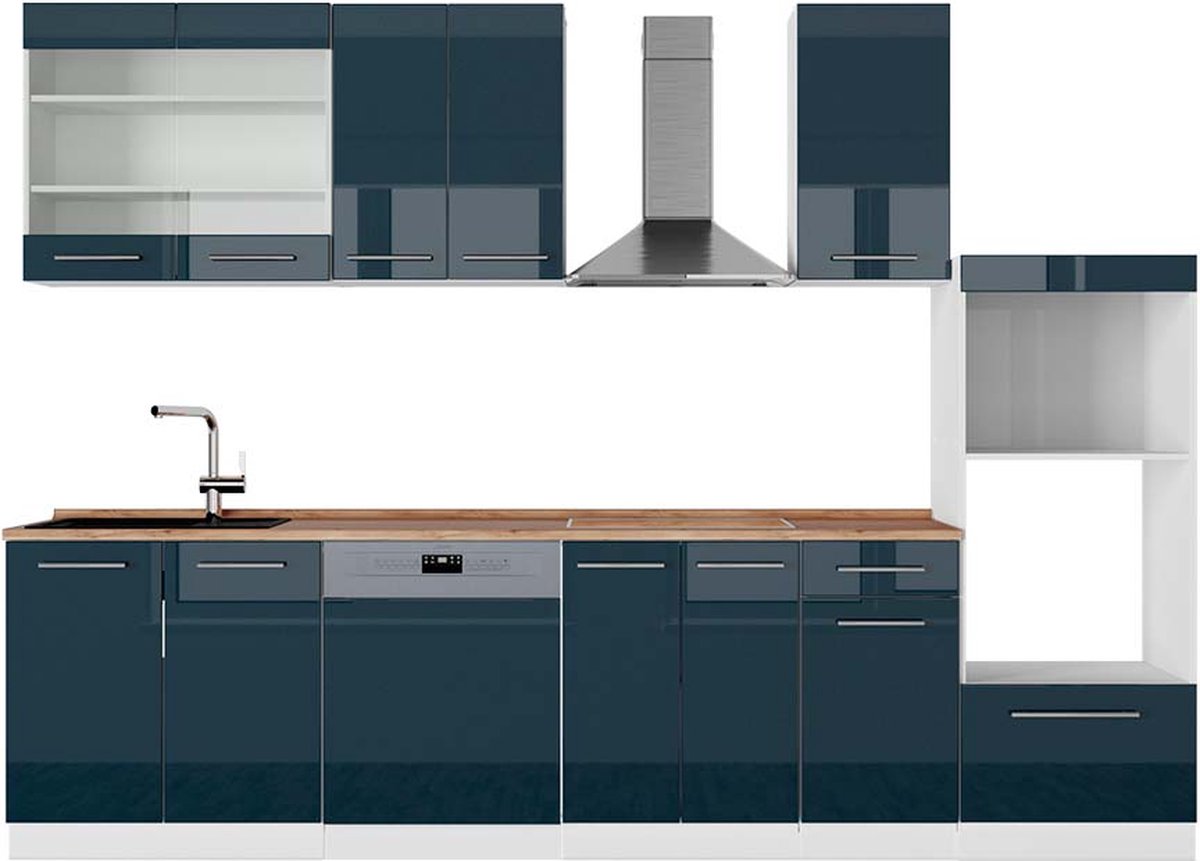 Vicco Fame-Line Complete keukeneenheid – 300 cm met hoge kast, WB Eik Donkerblauw hoogglans/wit